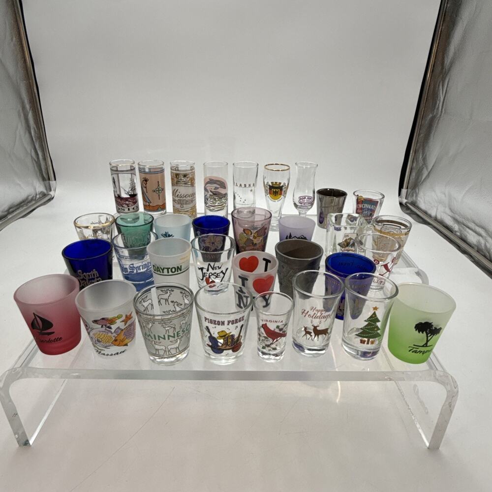 Souvenir Shot Glasses Lot of 33 assorted Novelty, Souvenir, Vintage